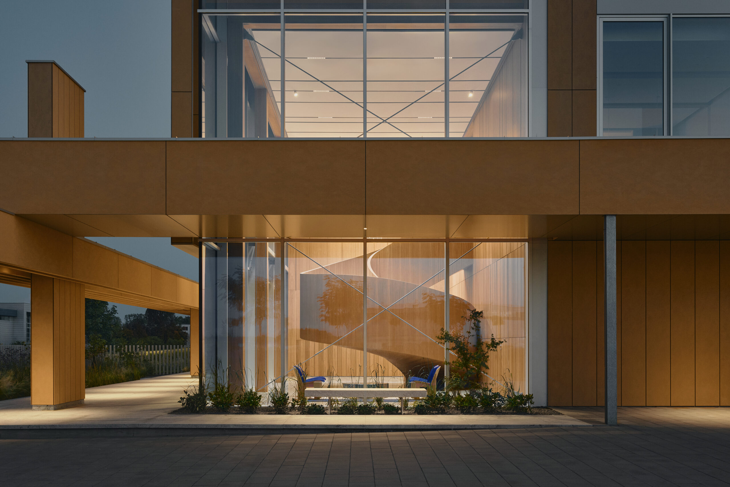 large glass building with lights