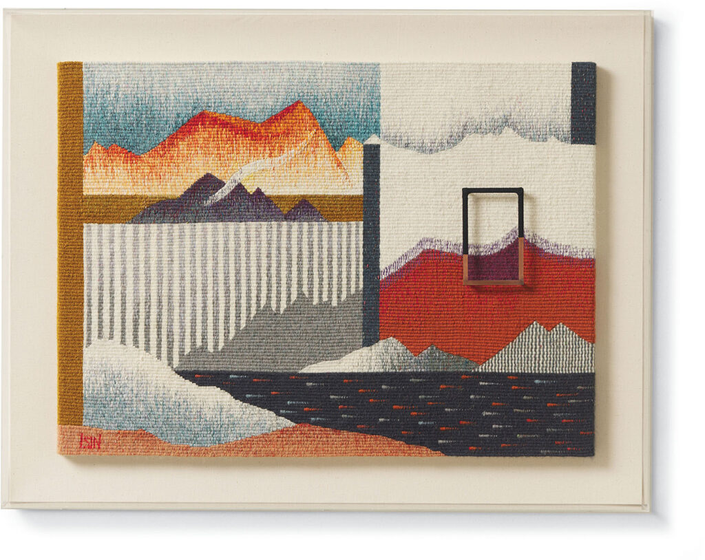 A painting of a mountain scene with a red sky and a white buildi.