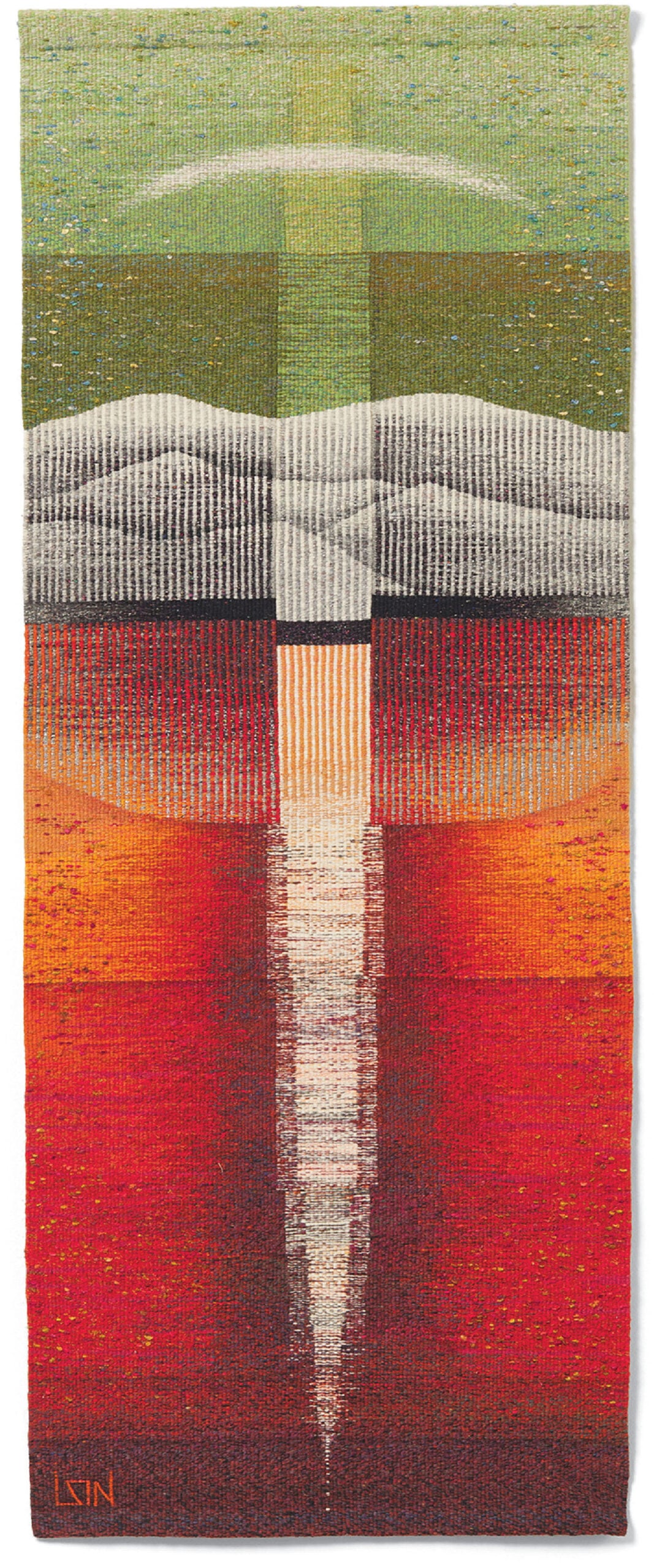 A tapestry with a red, green and yellow pattern.