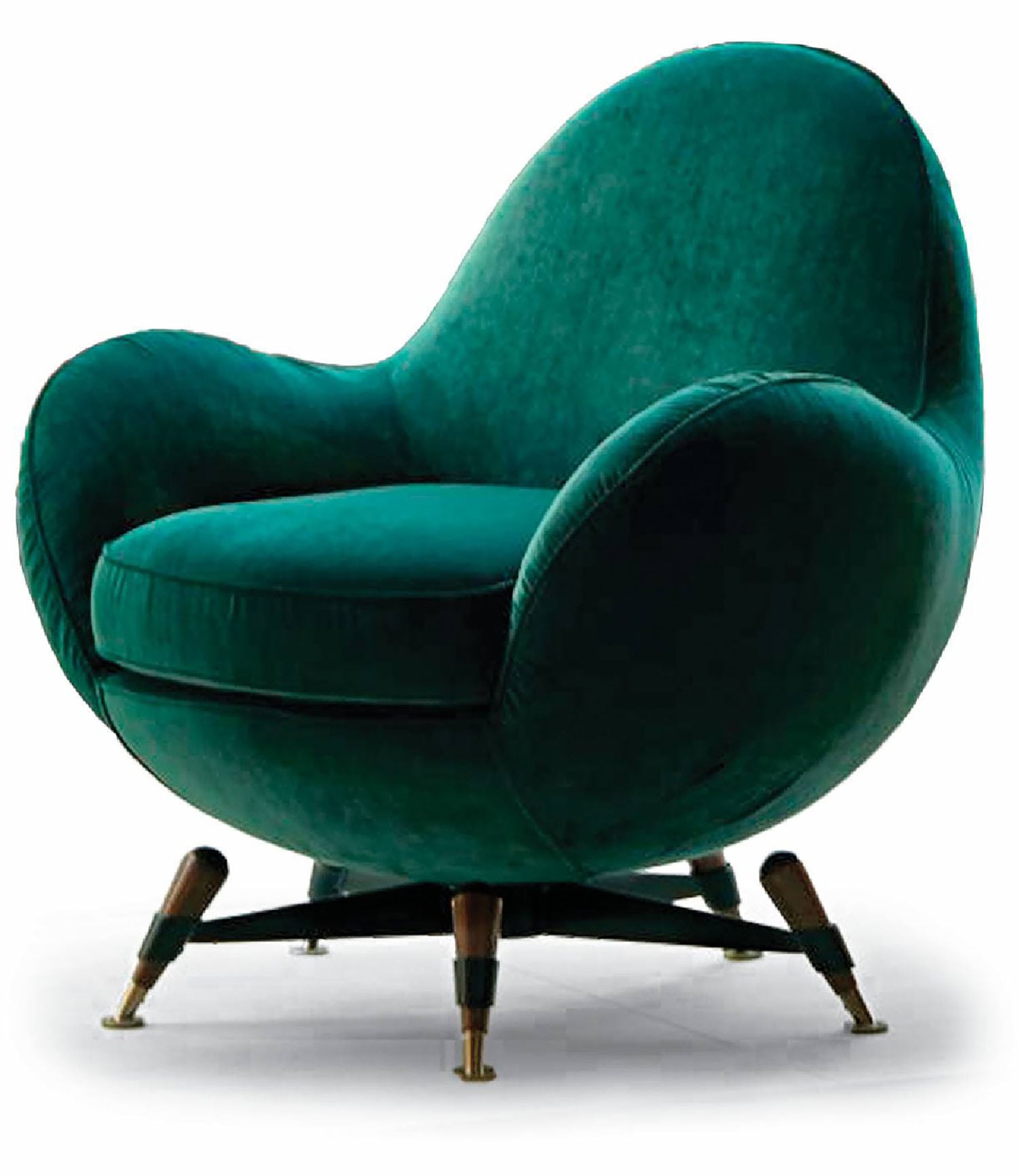 A green velvet chair with wooden legs.