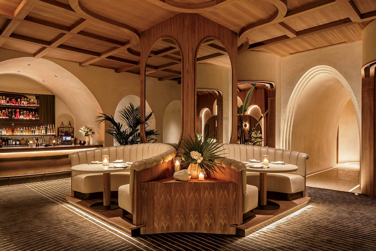 A bar with a bar and a round table.