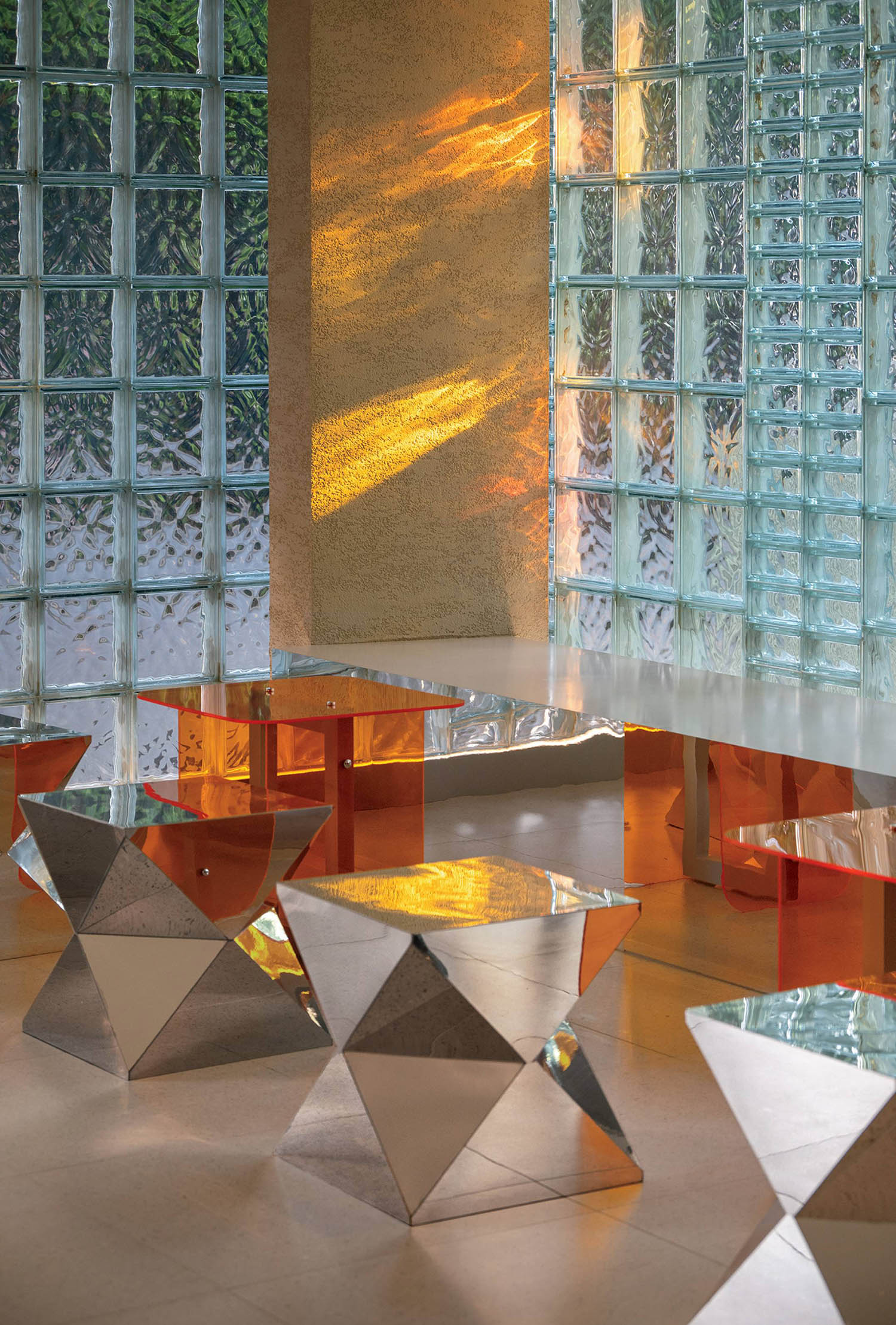 A room with a large window and a large glass wall.