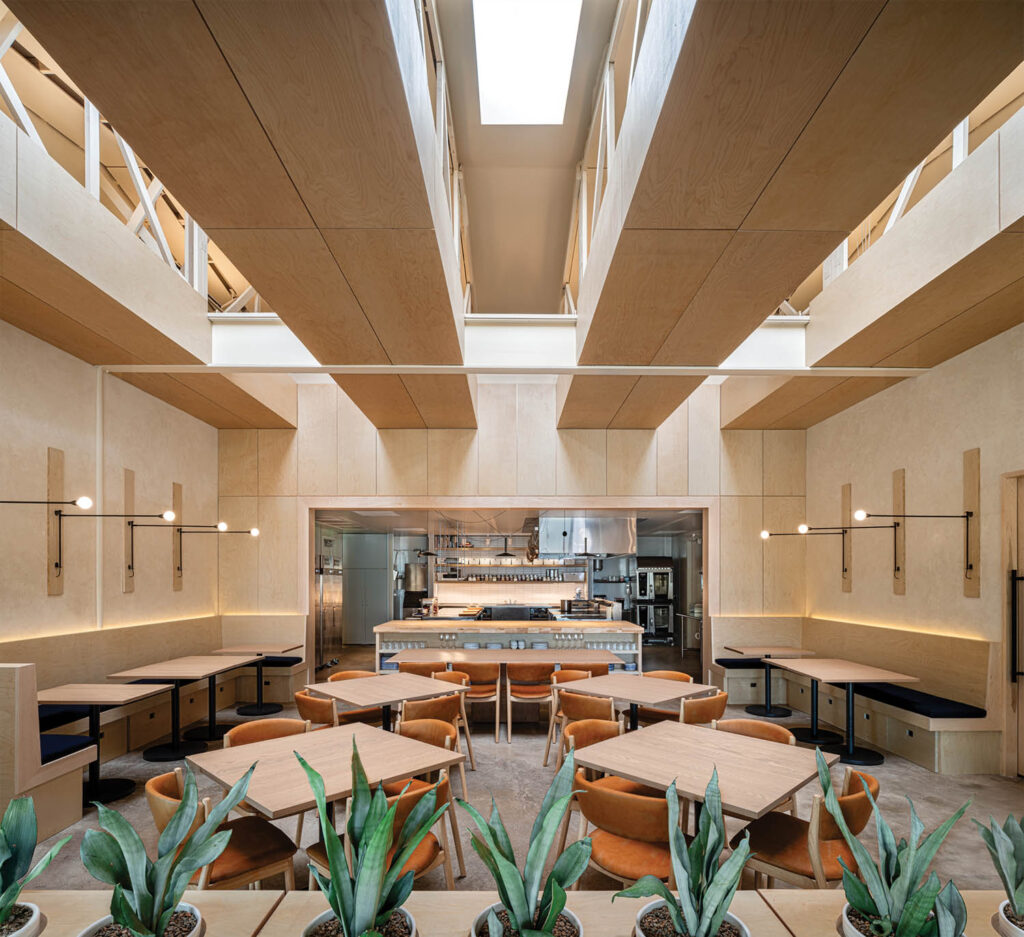 japandi-inspired dining room with birch paneling