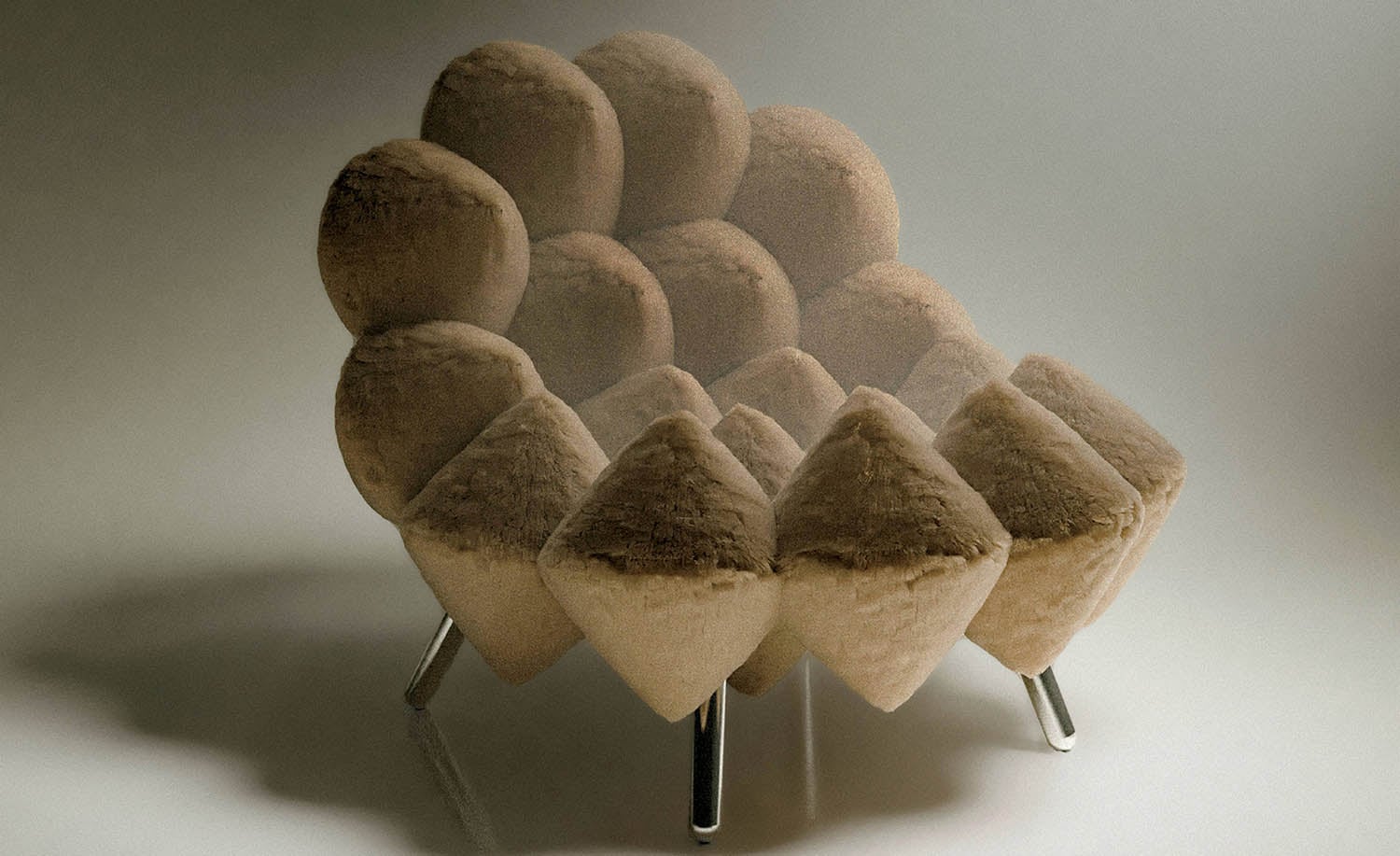 A chair made of stuffed animals on a white background.