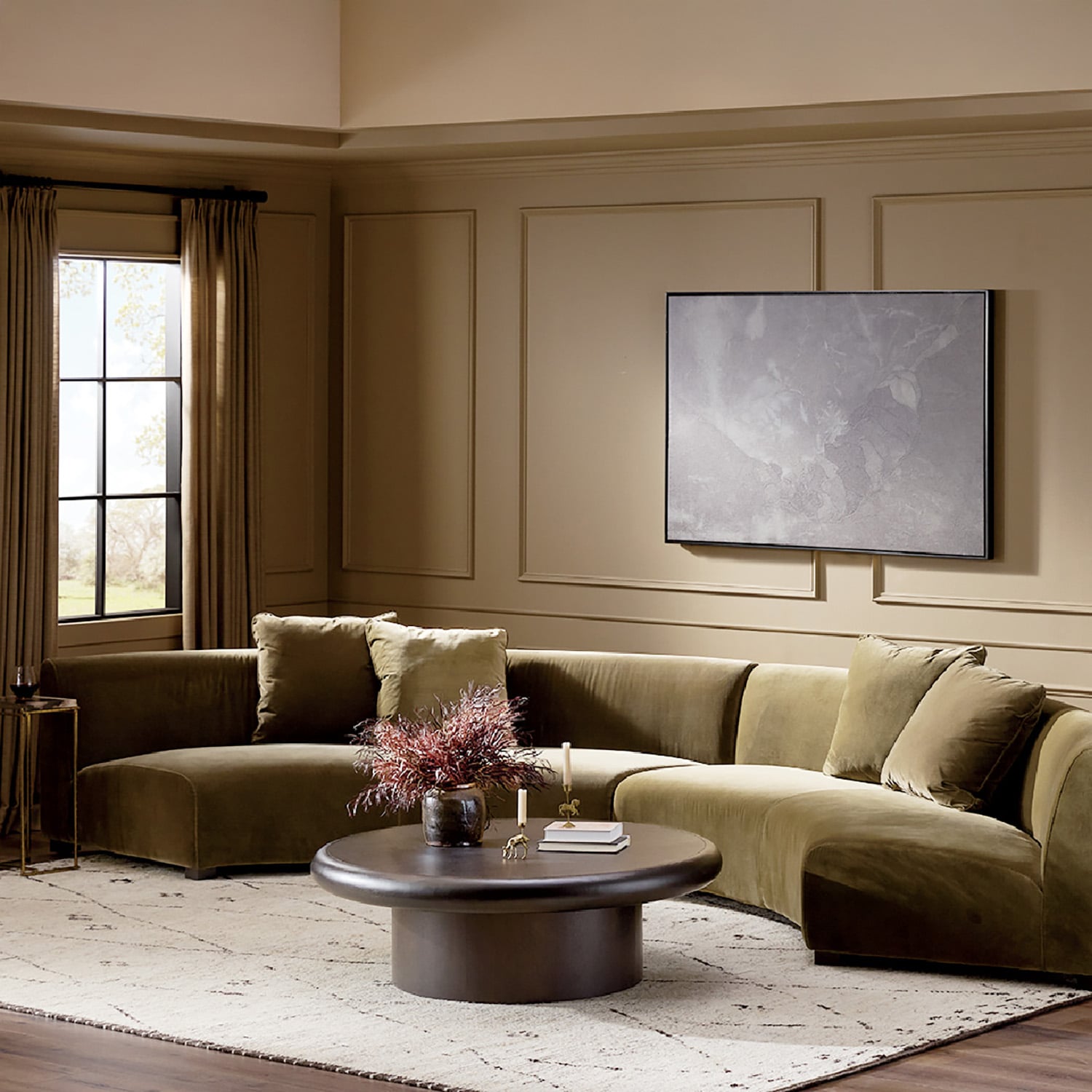 A living room with a large sectional couch