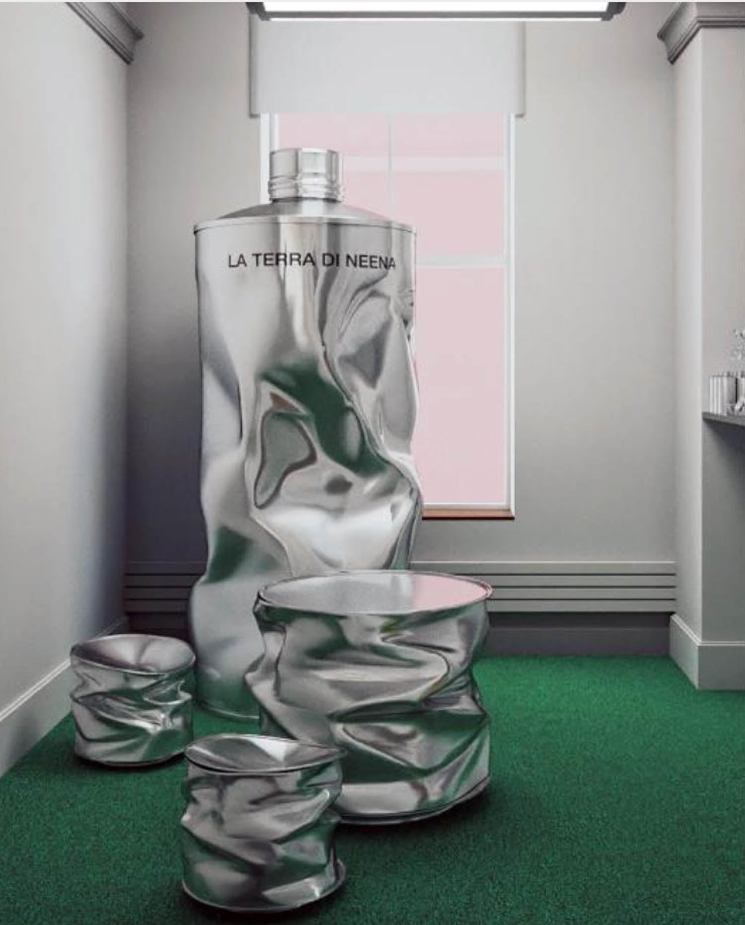 squished silver sculpture in room with green carpet