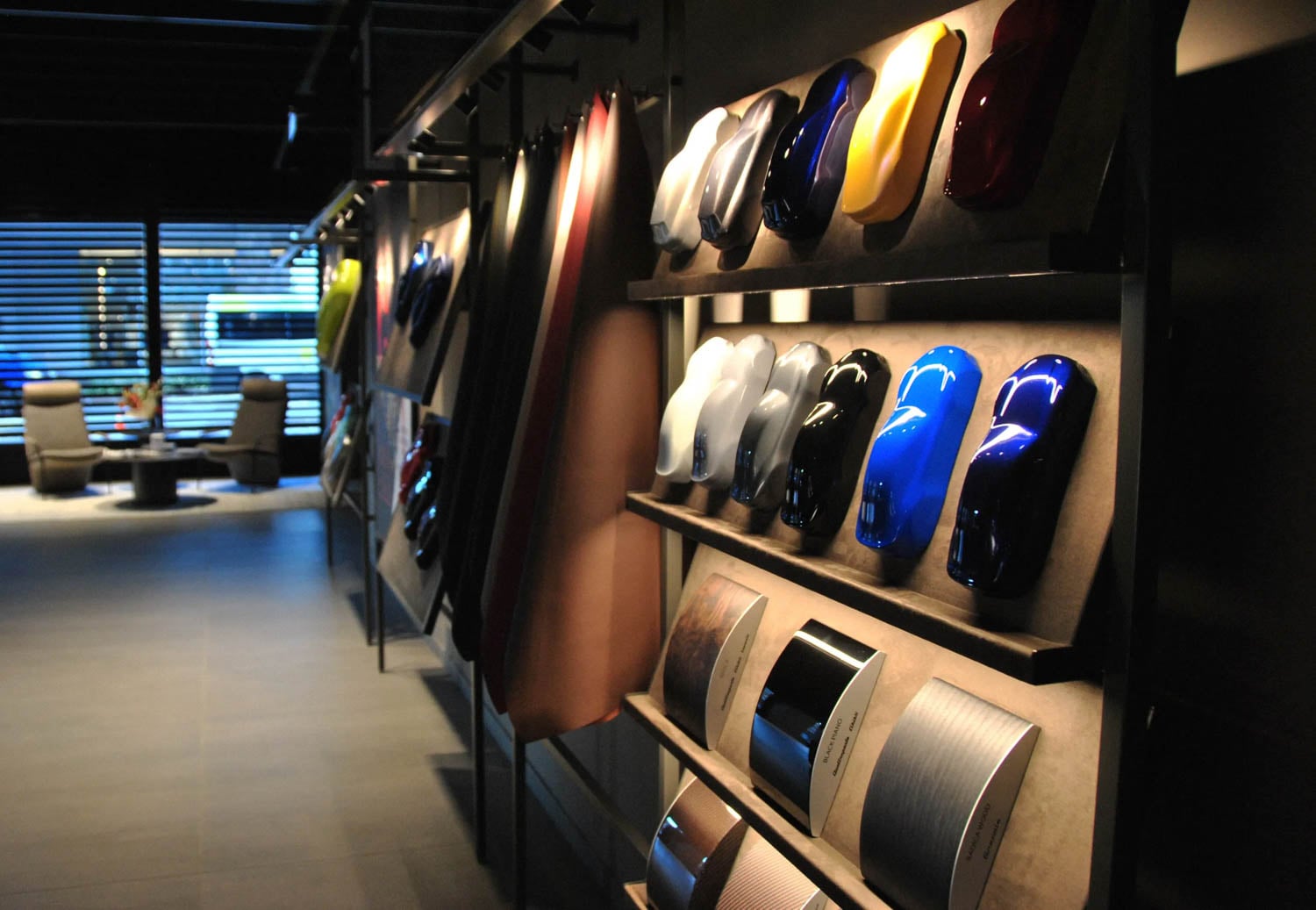 multiple samples and shells on the wall of Bottega Fuoriserie