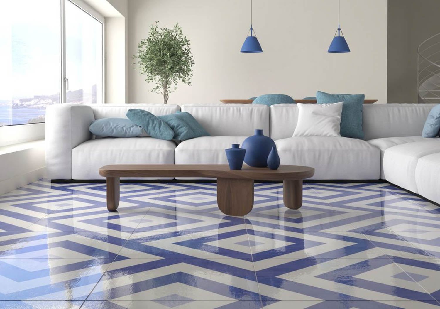 living room with white couch and patterned blue vinyl tiles