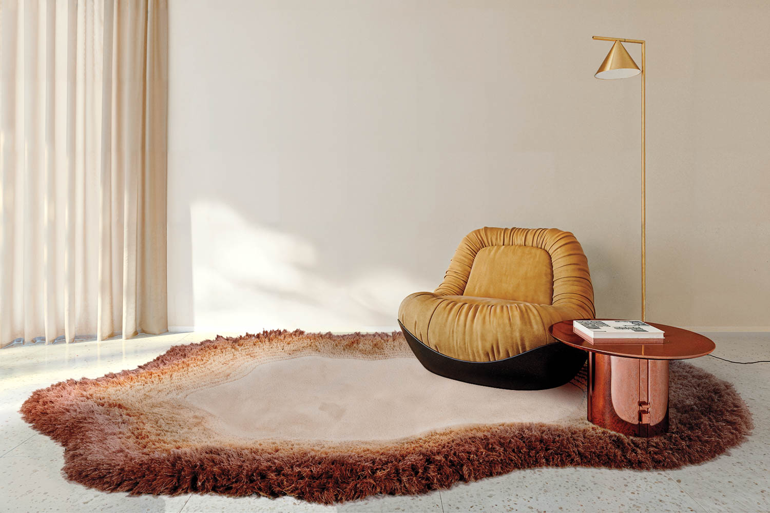 yellow chair in room with a rug