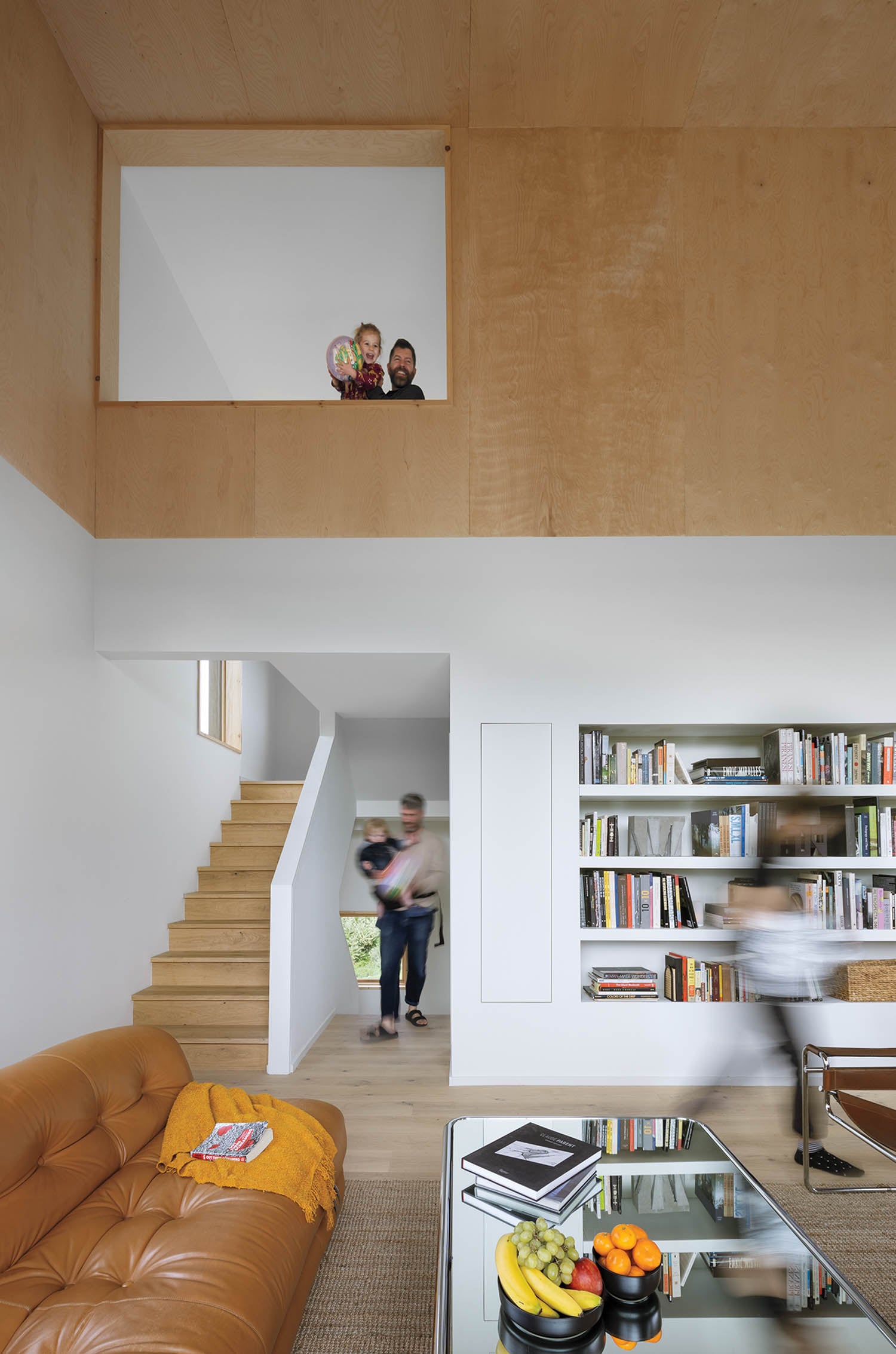 interior shot of living room with birch paneling