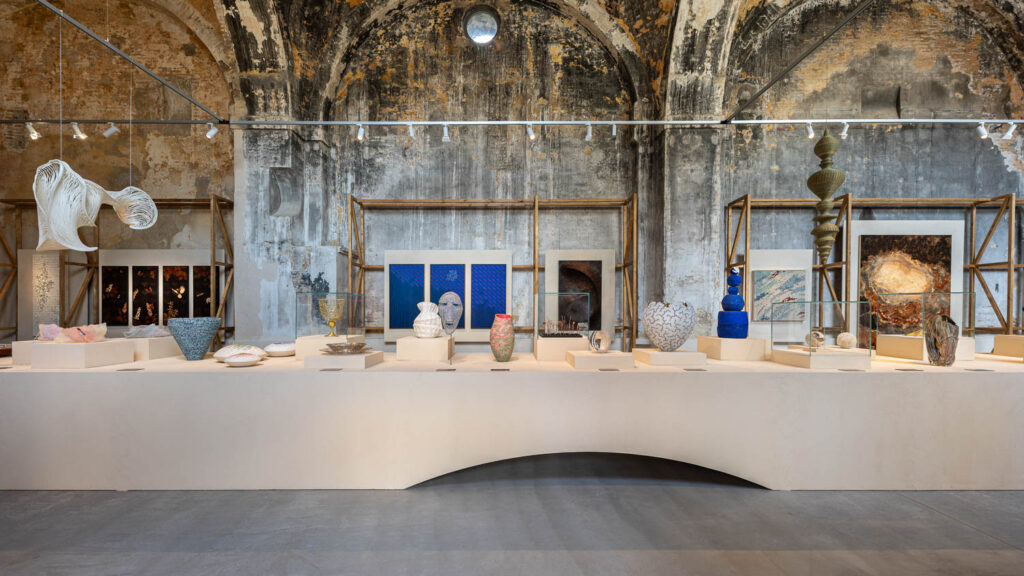 long display area with art pieces