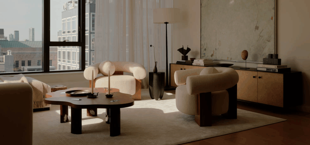 living room with custom steel and leather console and white chairs