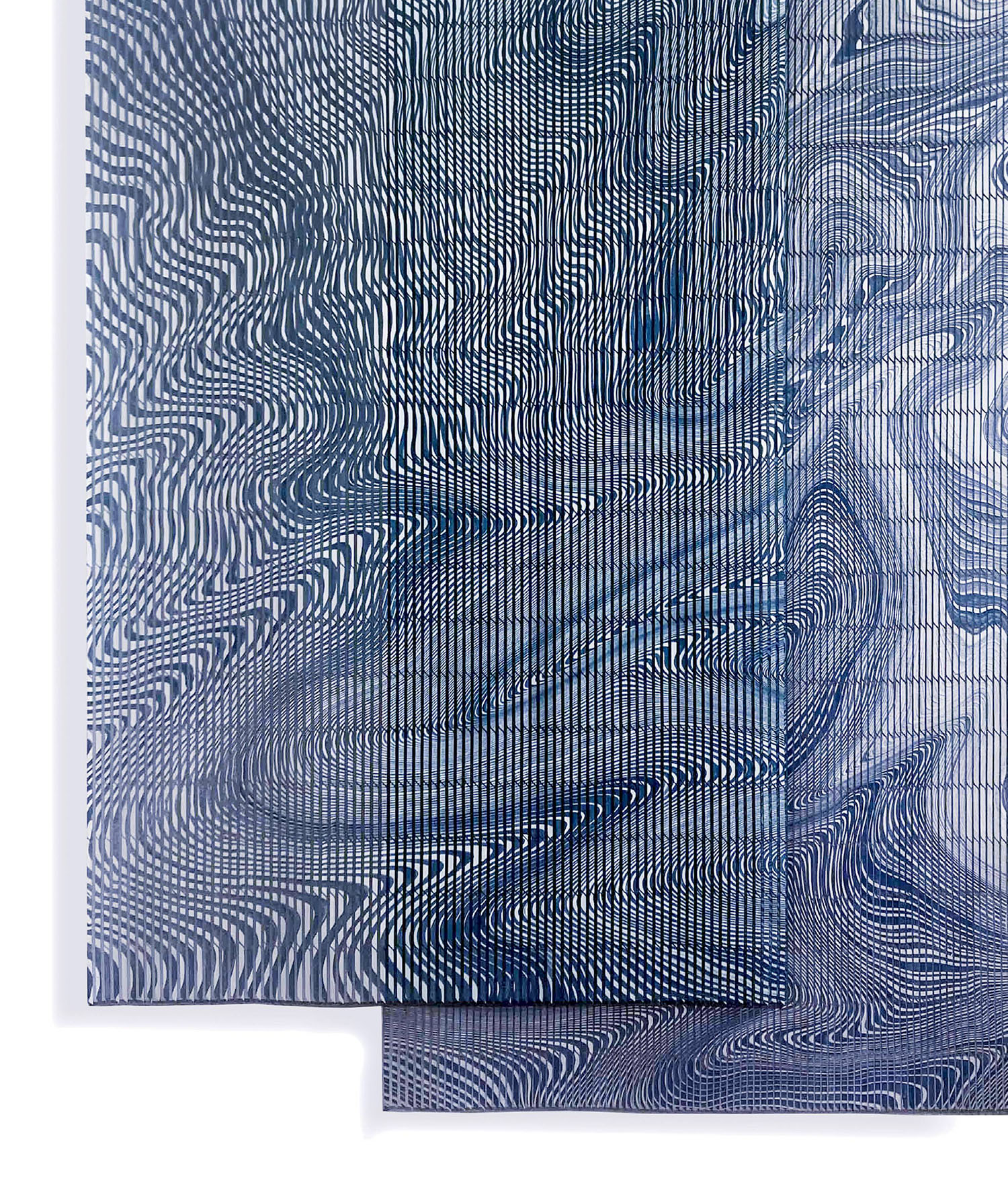 A blue and white painting with lines on it.