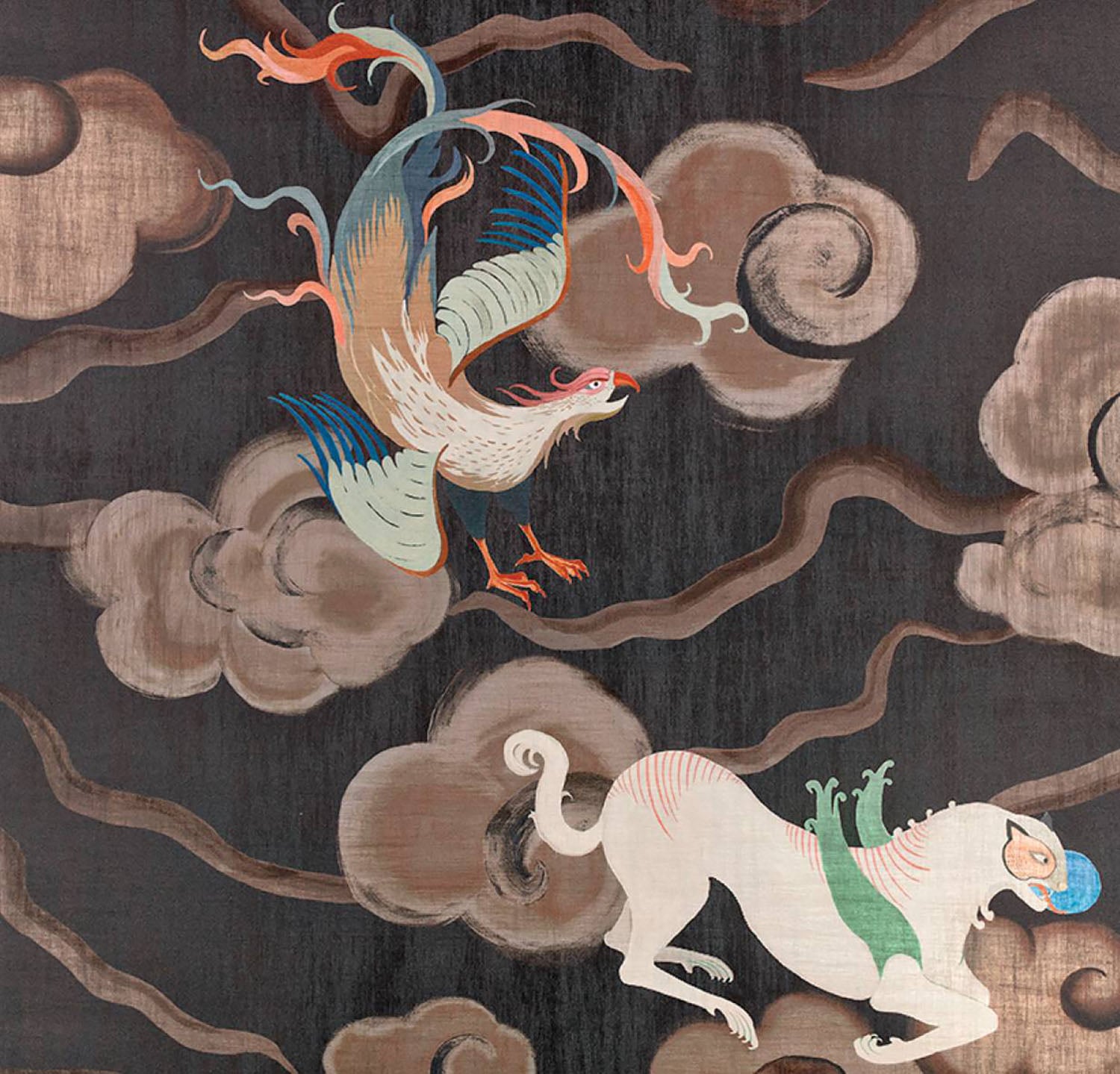 A painting of two birds flying in the sky.