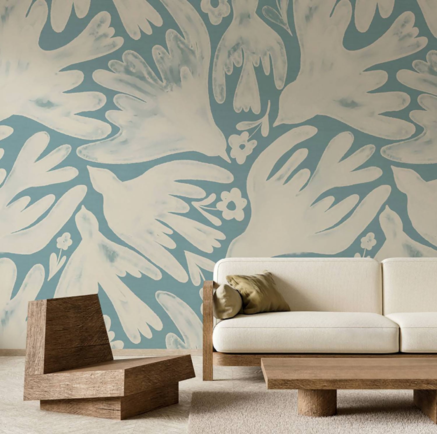 A living room with a couch and a wall mural.