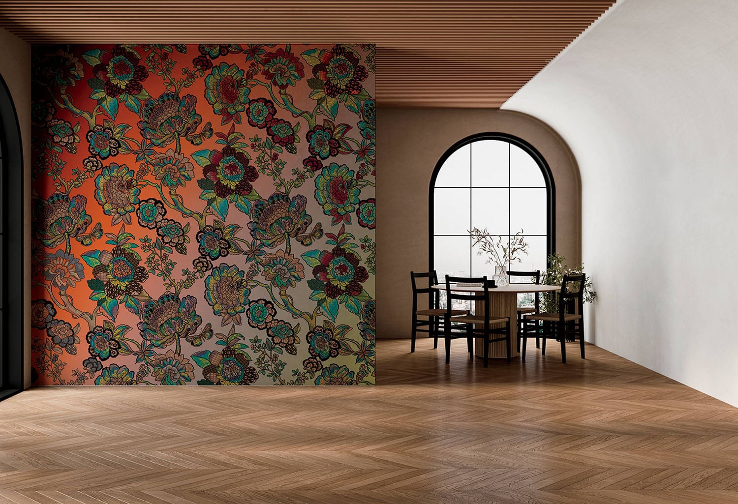 A room with a wallpaper and a table.