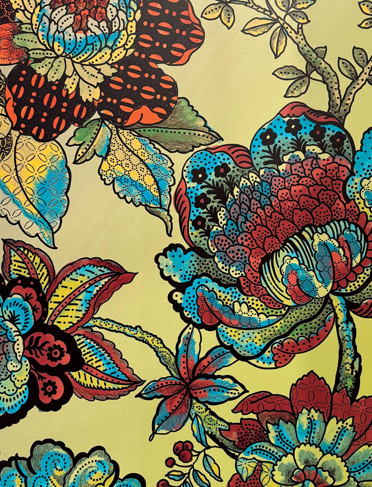 A yellow background with colorful flowers and butterflies.