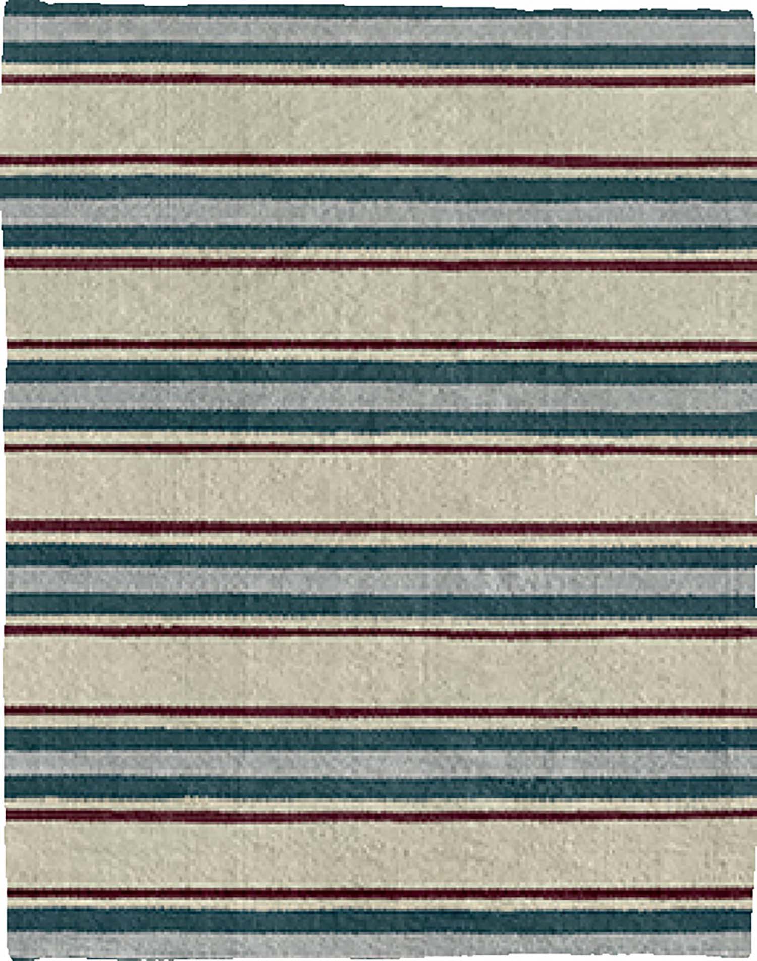 A rug with stripes in blue, red and white.