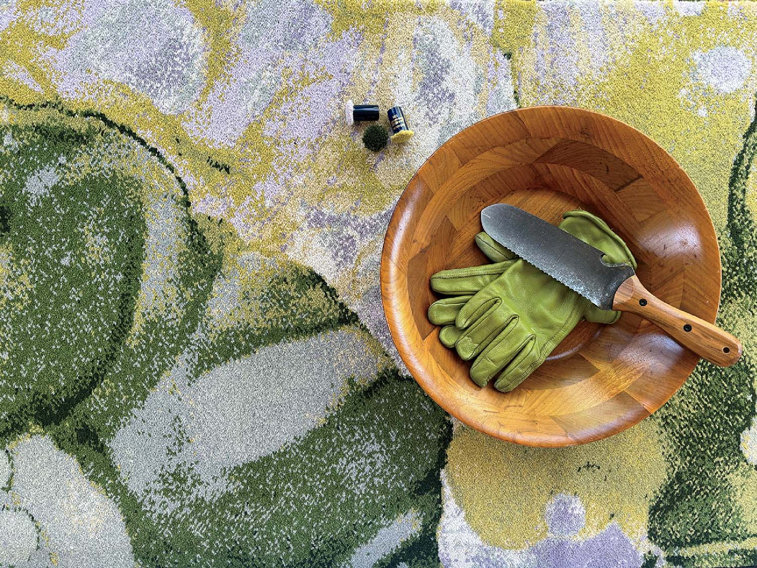 A bowl with gloves and a brush on a table.