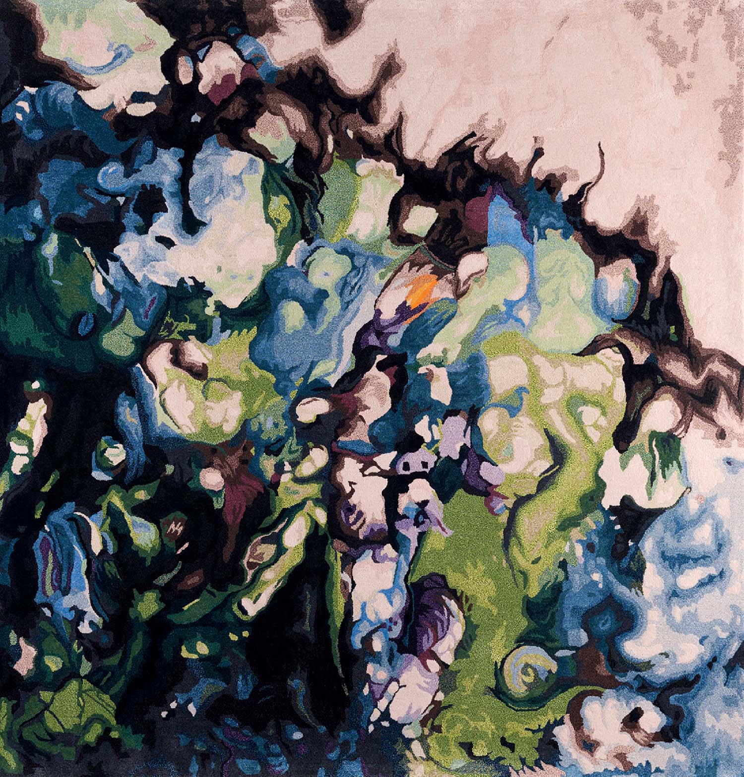 A painting of blue flowers in a vase.