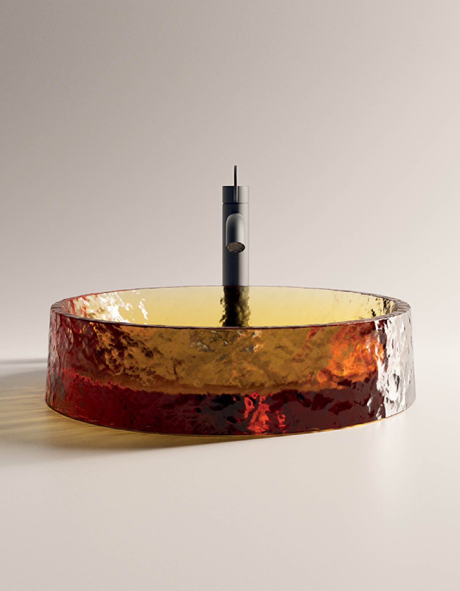 A red and yellow glass bowl.