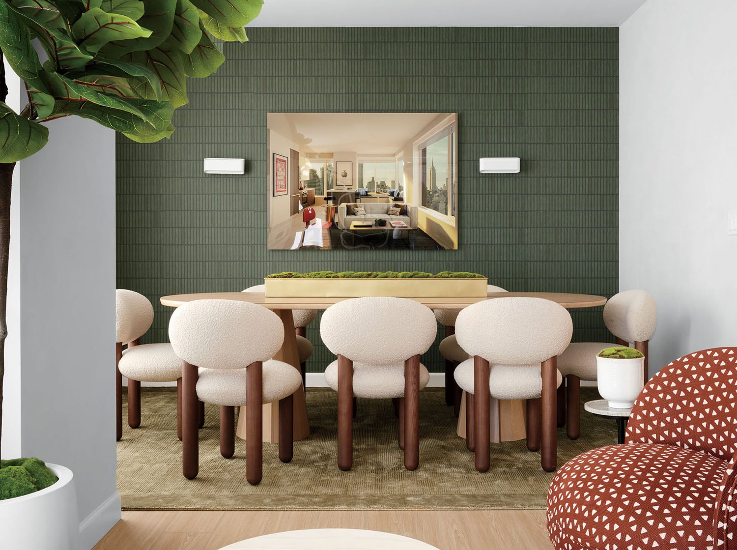 A dining room with a table and chairs.