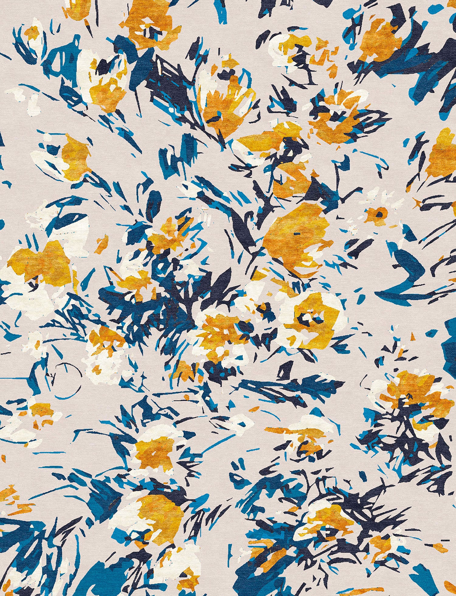 A large, colorful, abstract painting on a beige background.