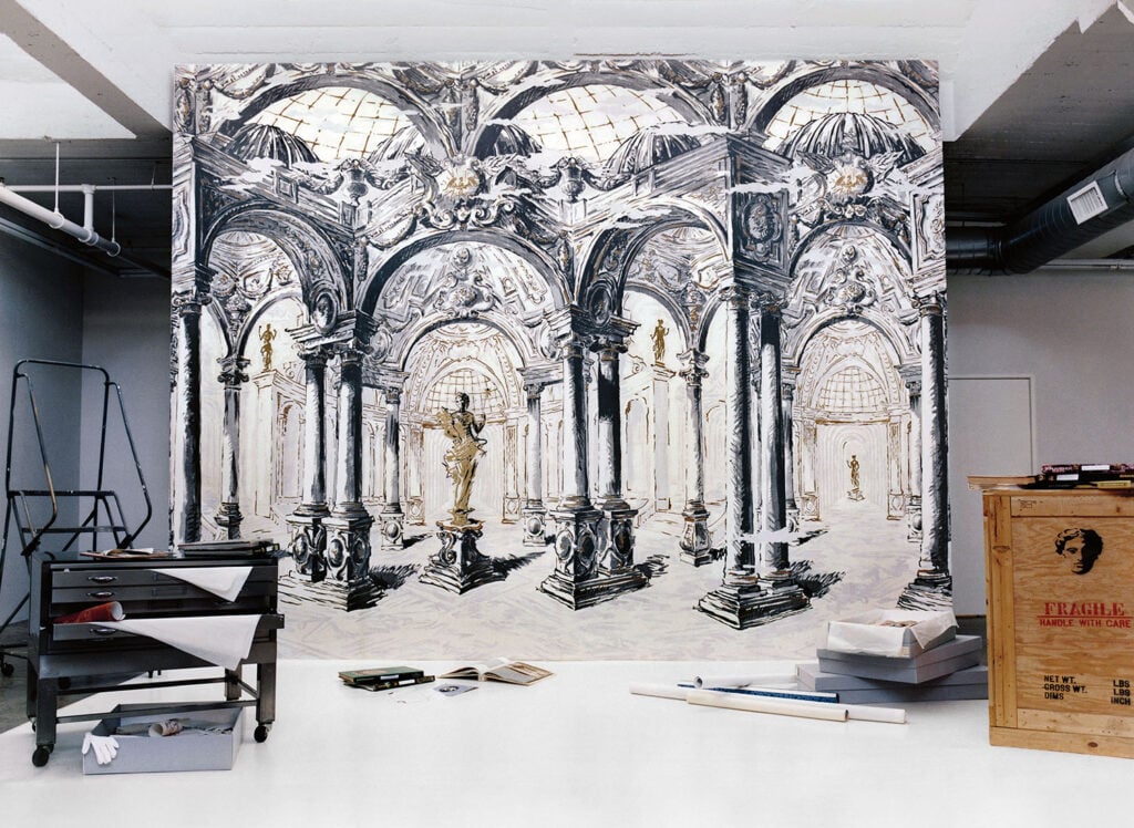 A large painting of a building with a clock.