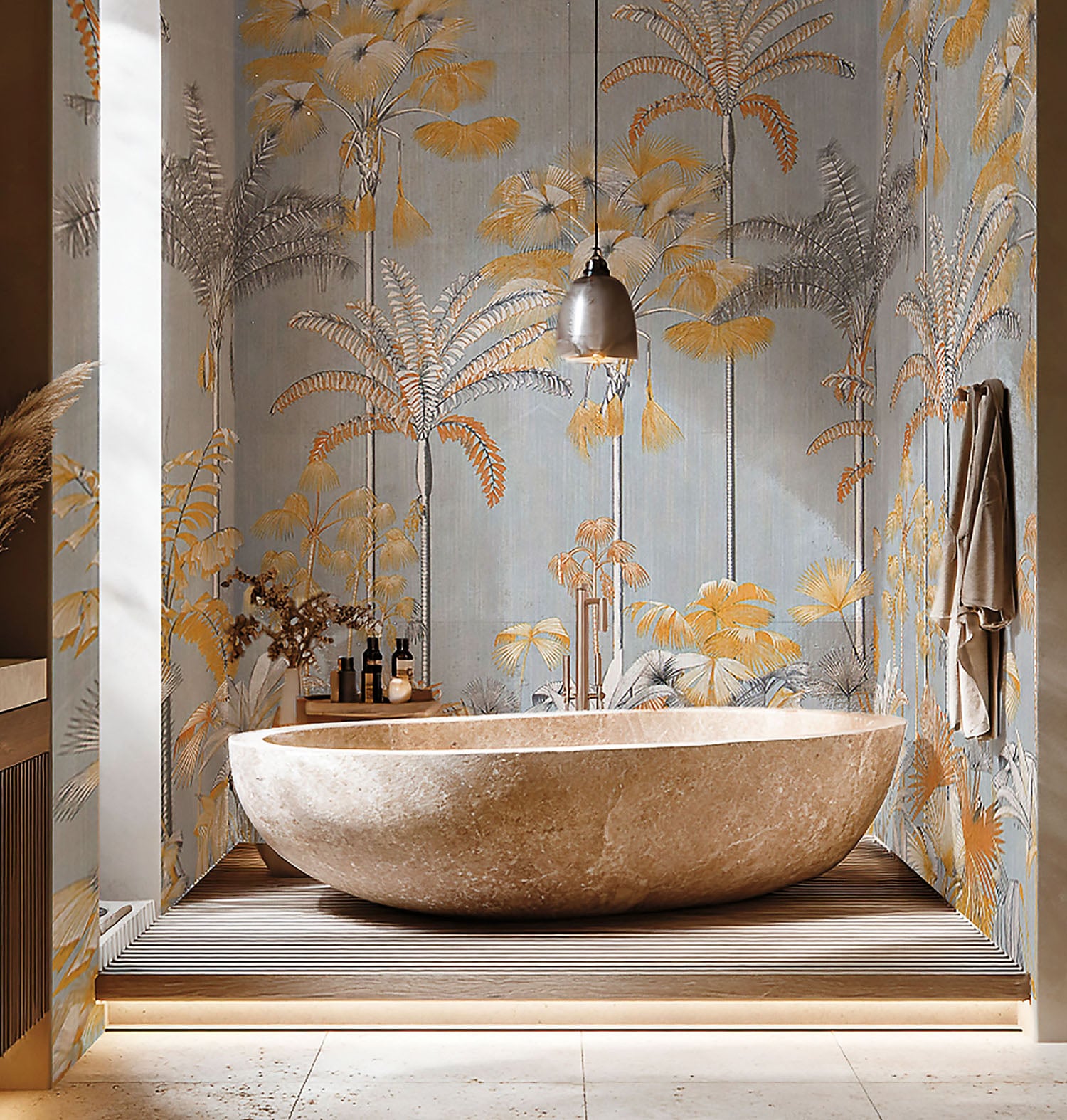 A bathroom with a large bathtub and a wallpapered wall.