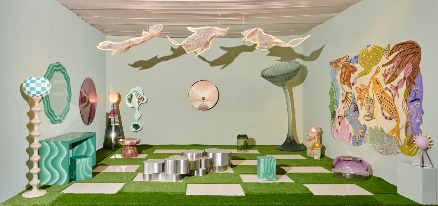 a whimsical room with green and white checkered floor and a cut out of a tree