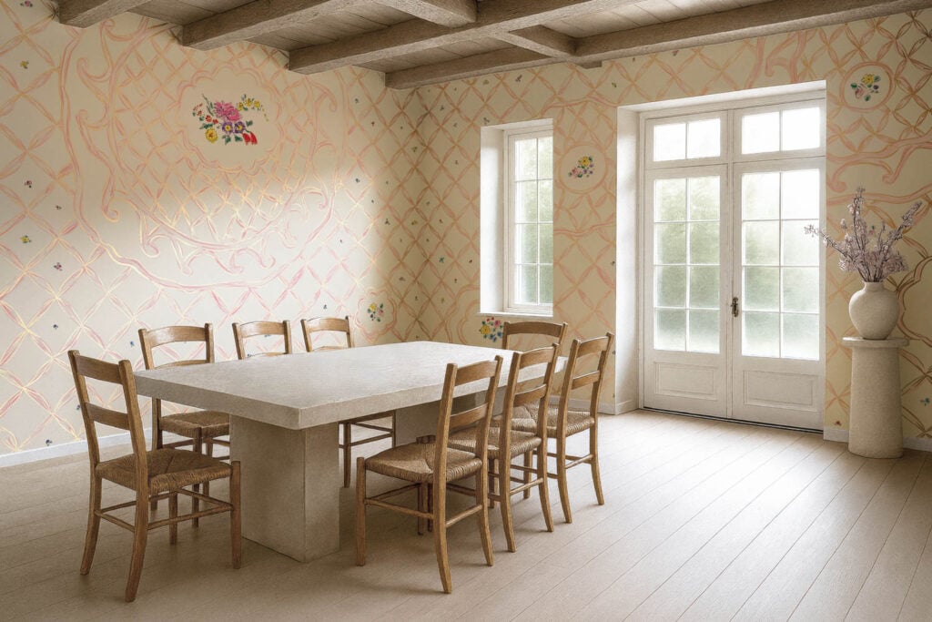 a wood table in a dining room with lattice rose wallpaper by R & Company