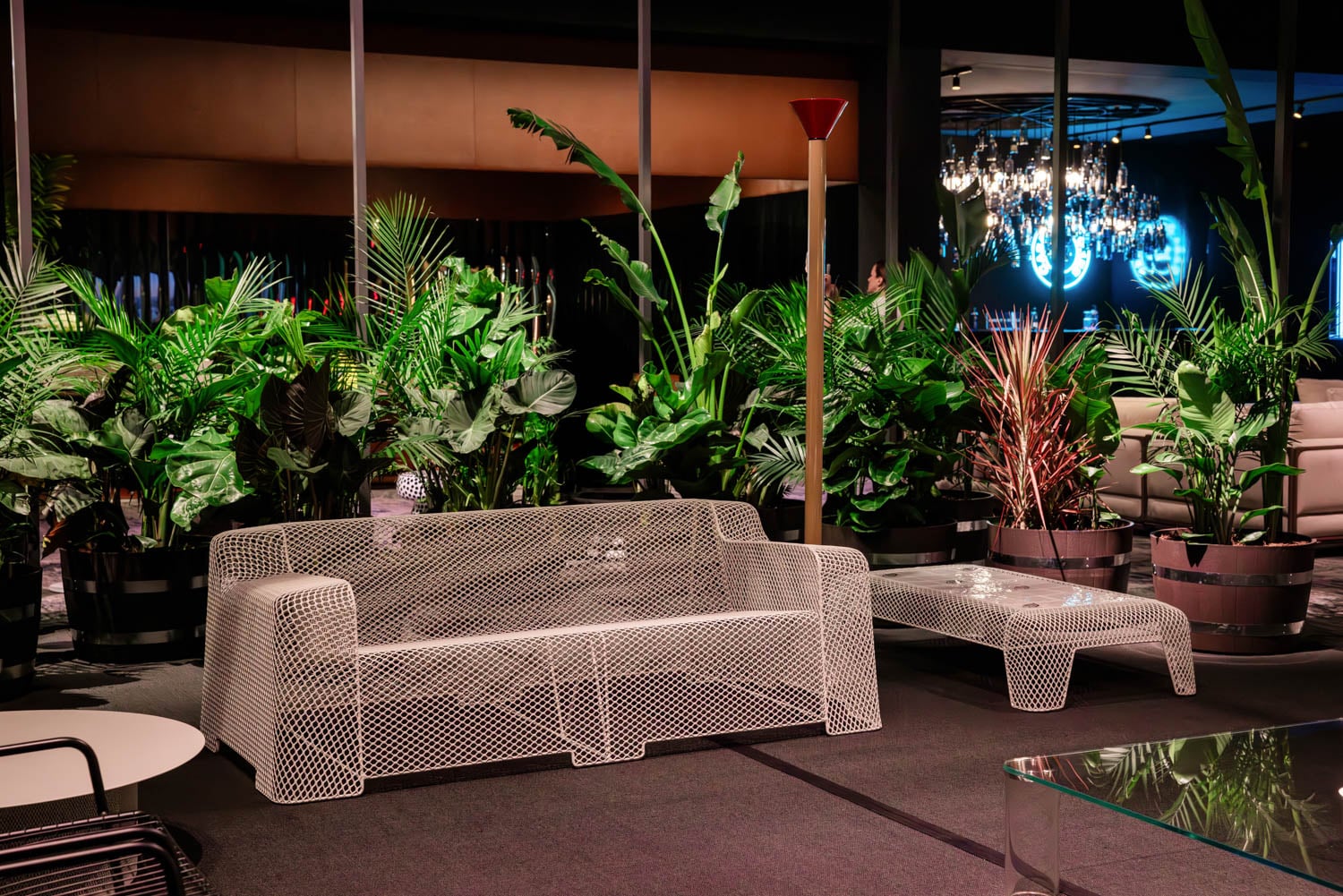 a mesh sofa near leafy tropical plants