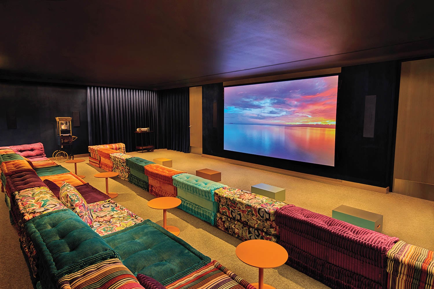 a movie theater with colored seats
