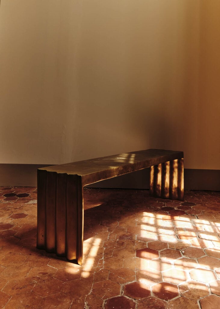 wooden bench in a room