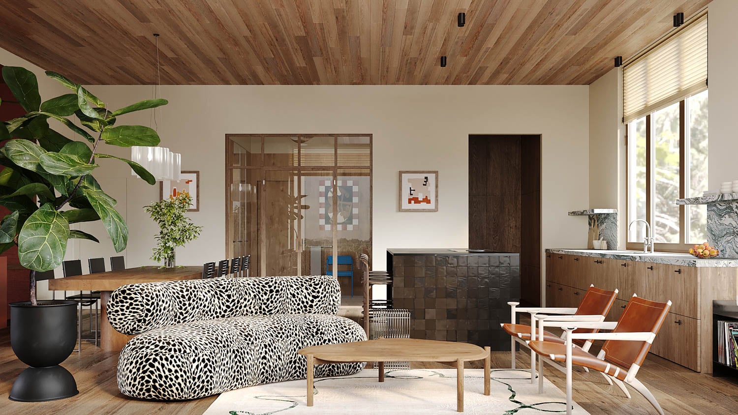 living room with leopard chair and plants