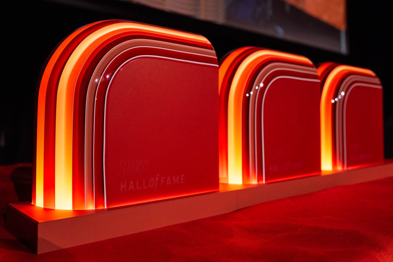 close up of Hall of Fame trophies