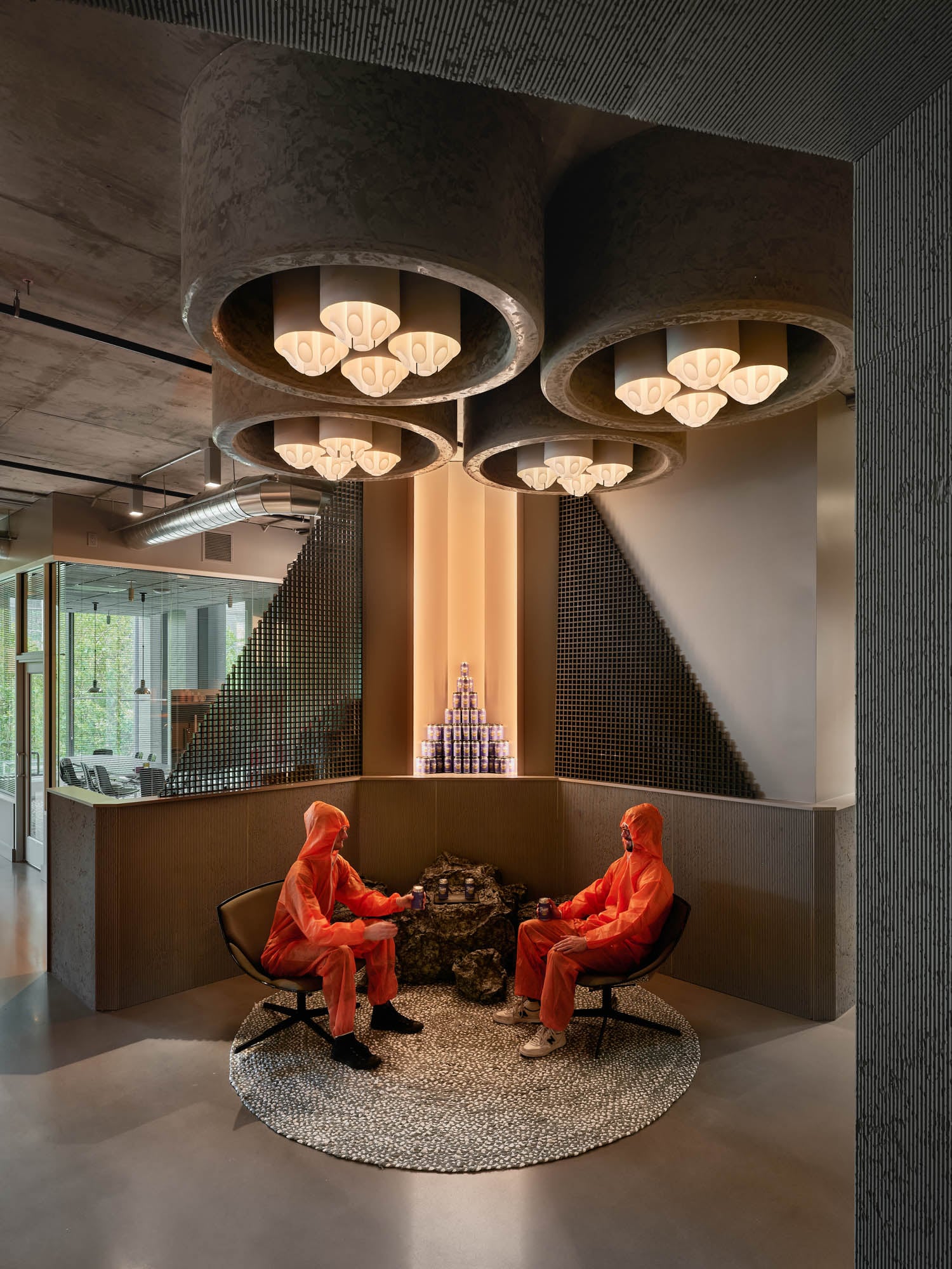 concrete cylinders above a seating area