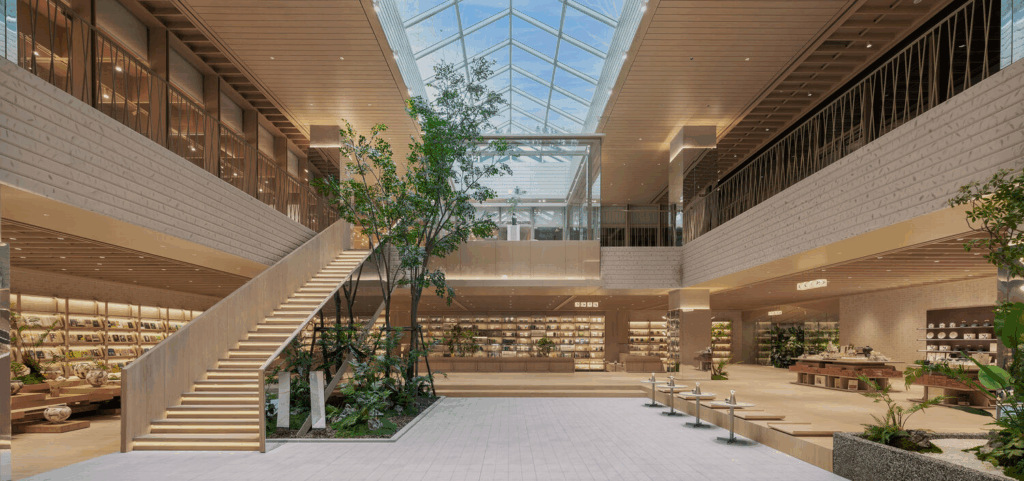 lobby with glass windows and roof