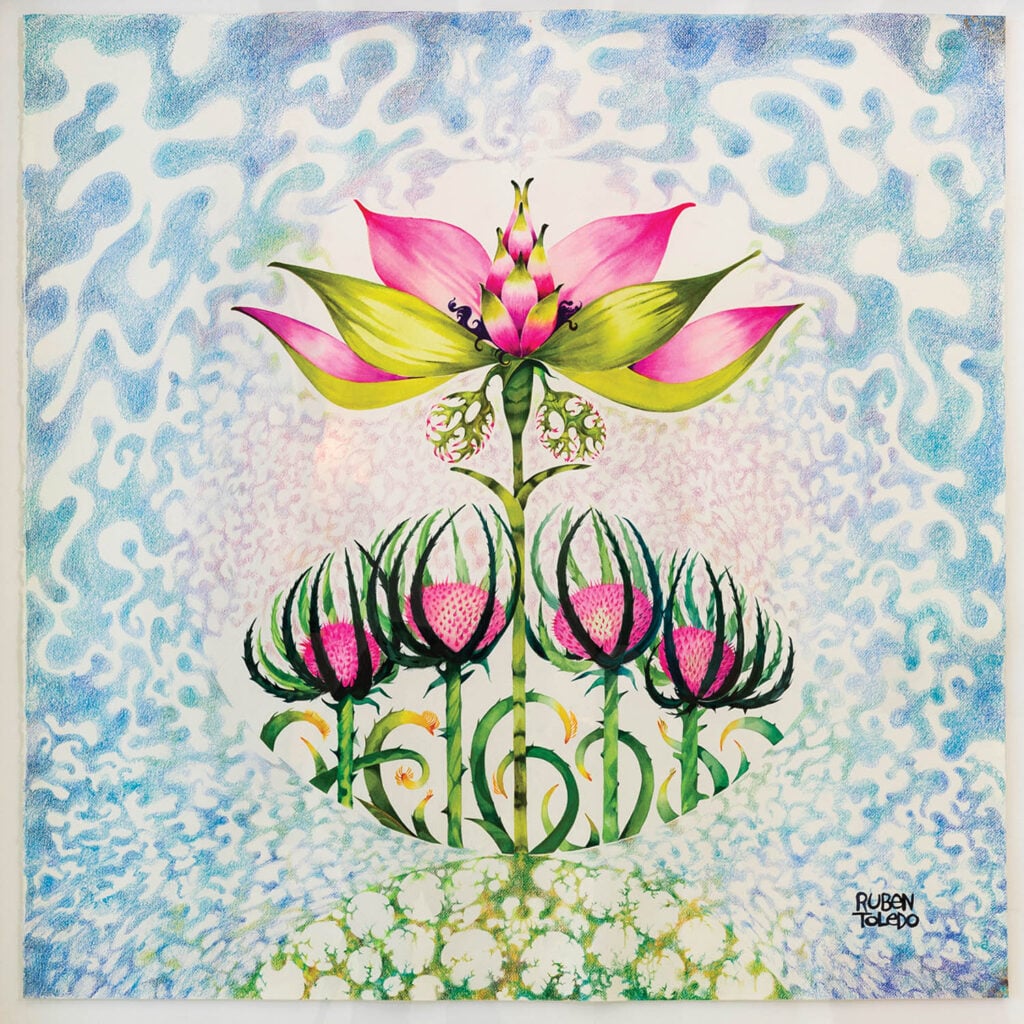 a painting with subtle hues and an abstract flower