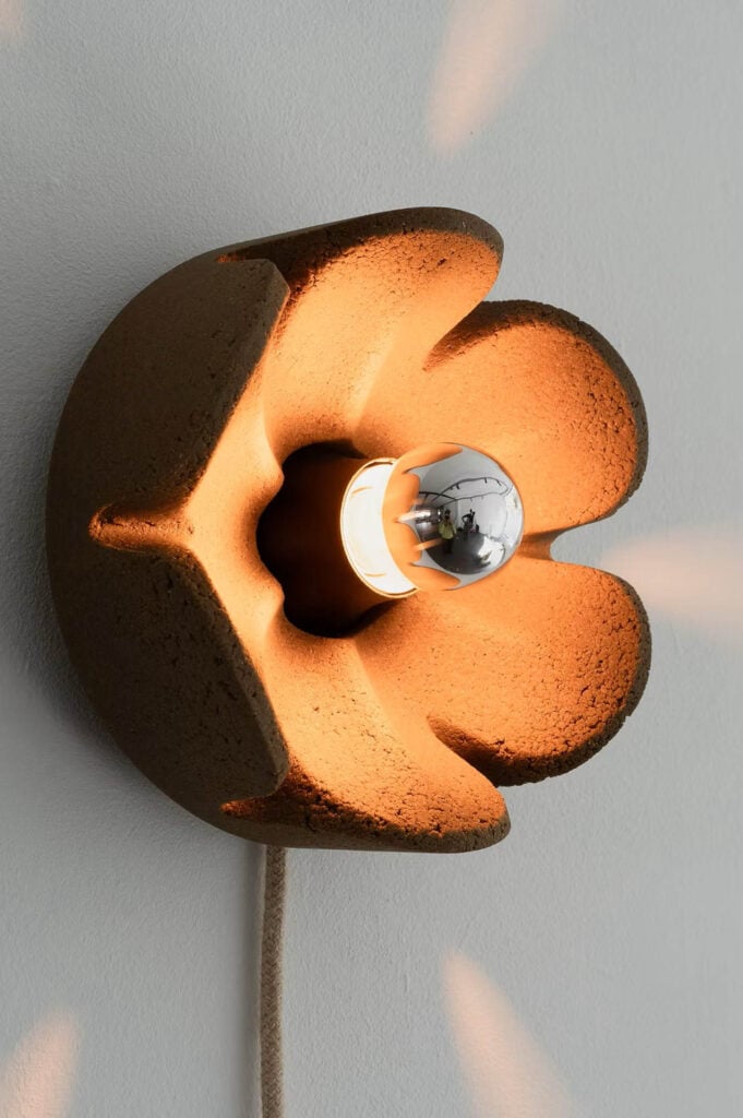 a flower shaped lamp lit up on a wall