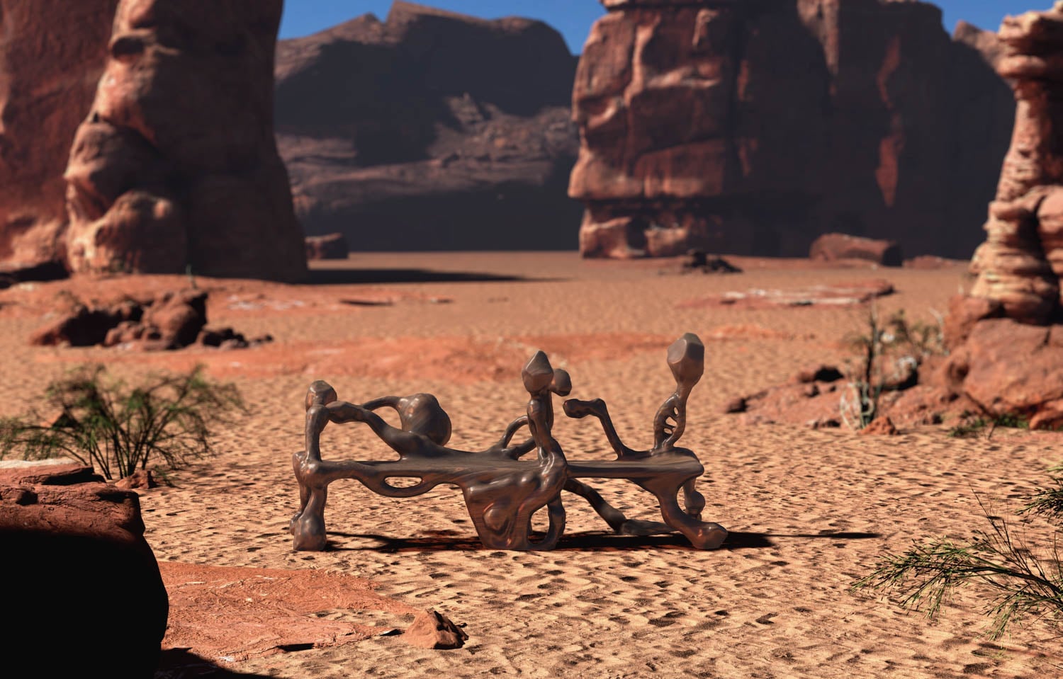 bronze bench in desert