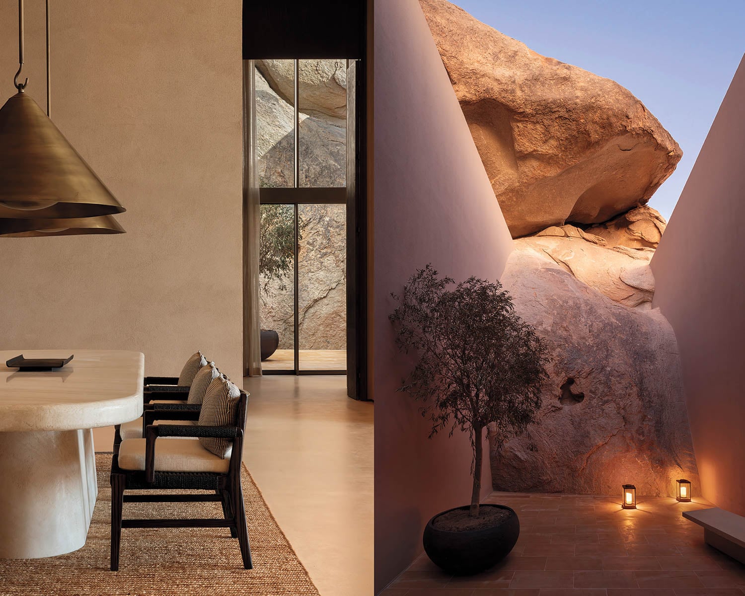 Modern interior with large rock formations visible through glass and an open space