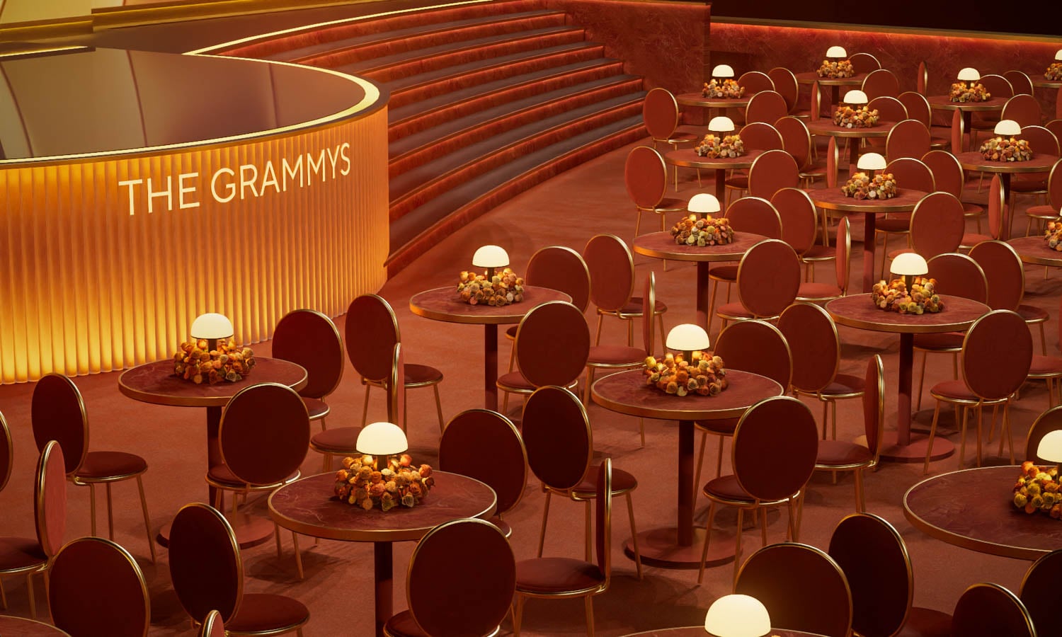 ग्रैमीज़ के लिए सुंदर और गर्मजोशी से रोशनी वाला इवेंट हॉल सेट
