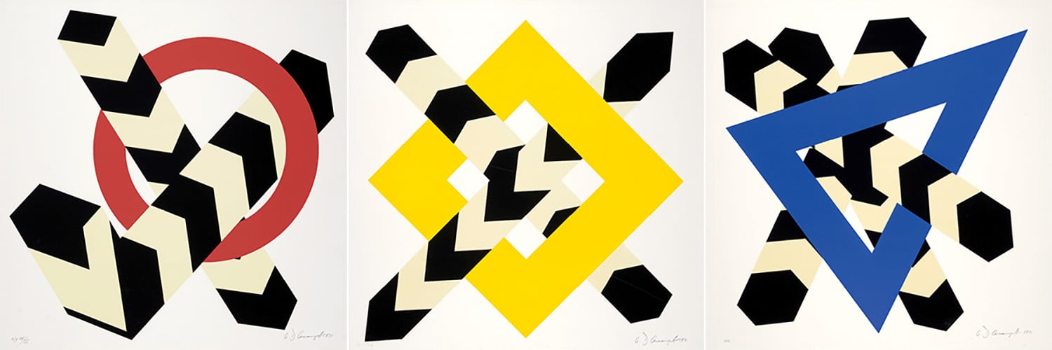 Three paintings of different shapes and sizes.