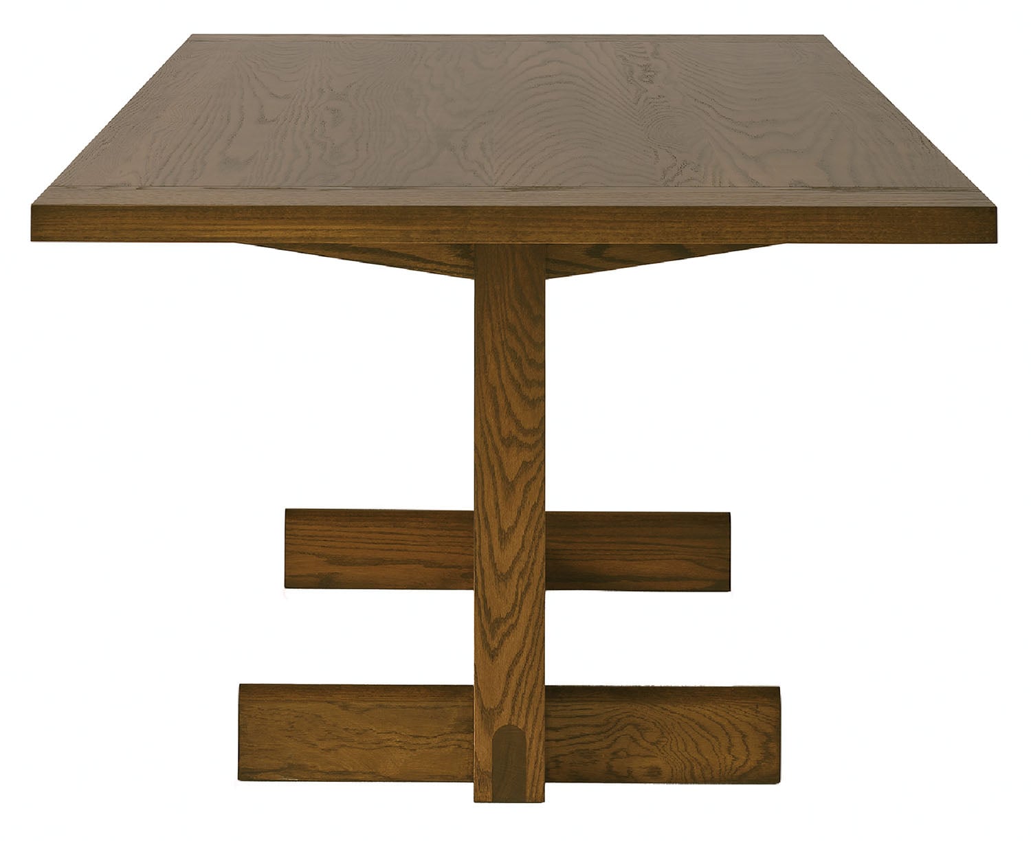 A square table with a wooden base.