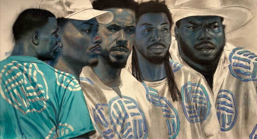 A group of five men, depicted in a painting, wear patterned shirts and hats.