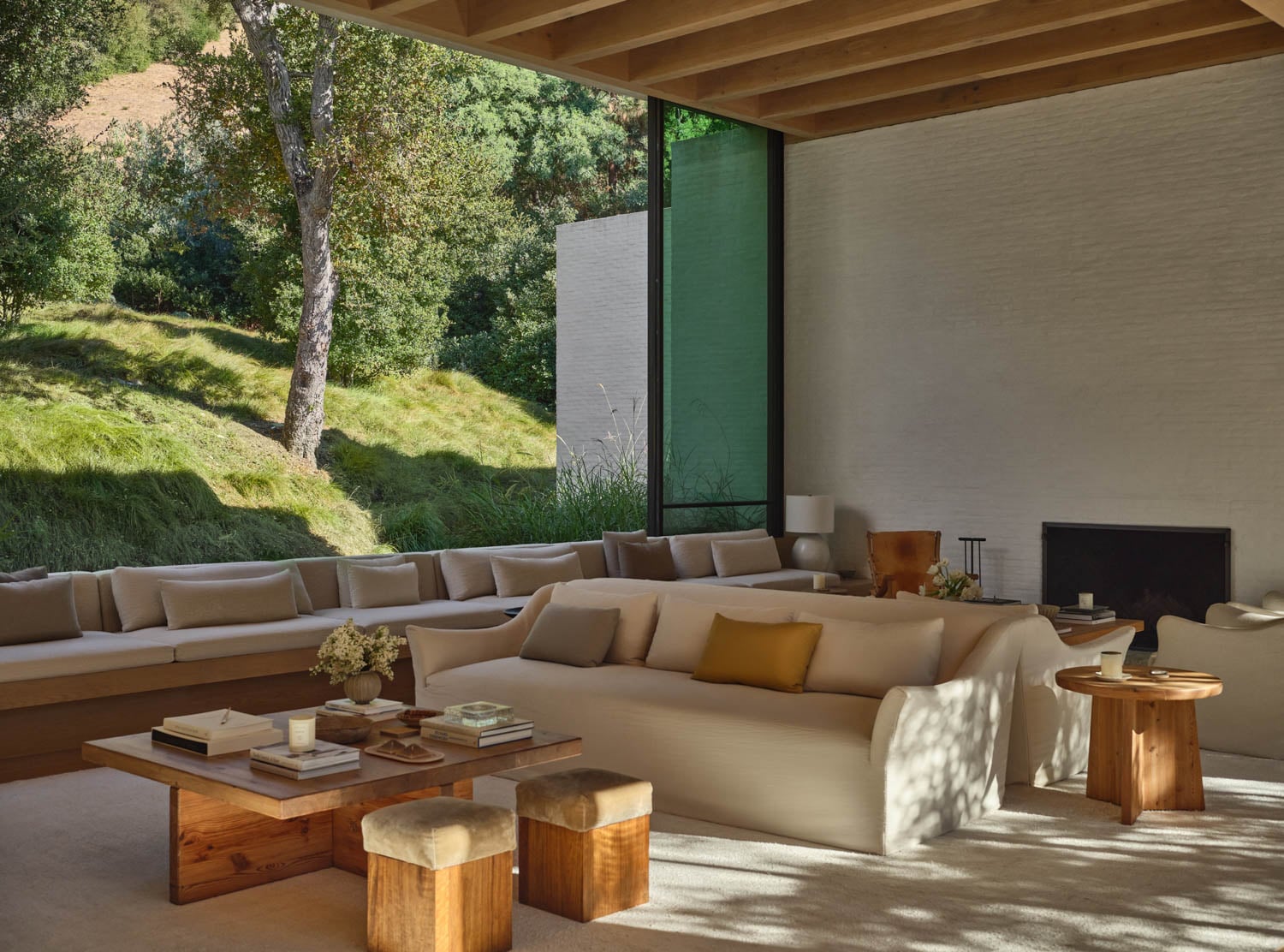 living room with low couch and view of outdoors