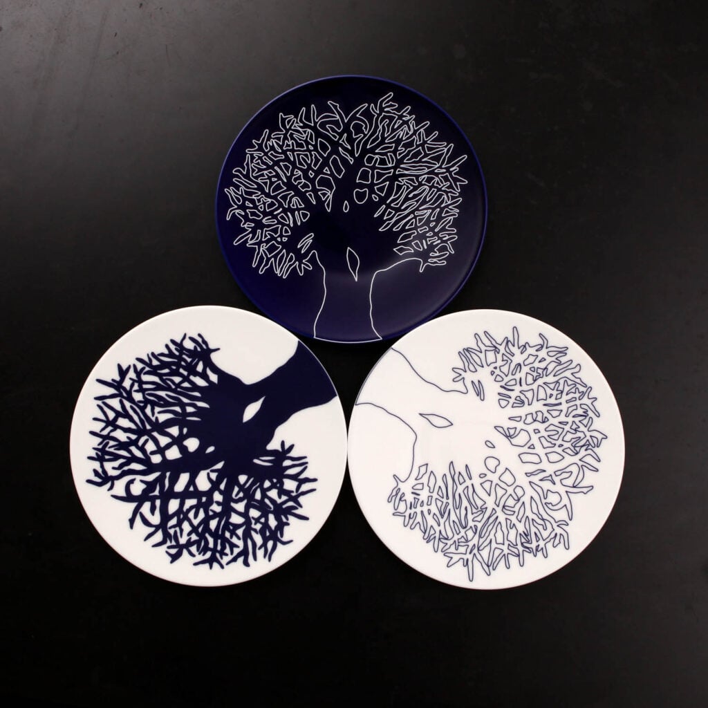 aerial view of black and white plates