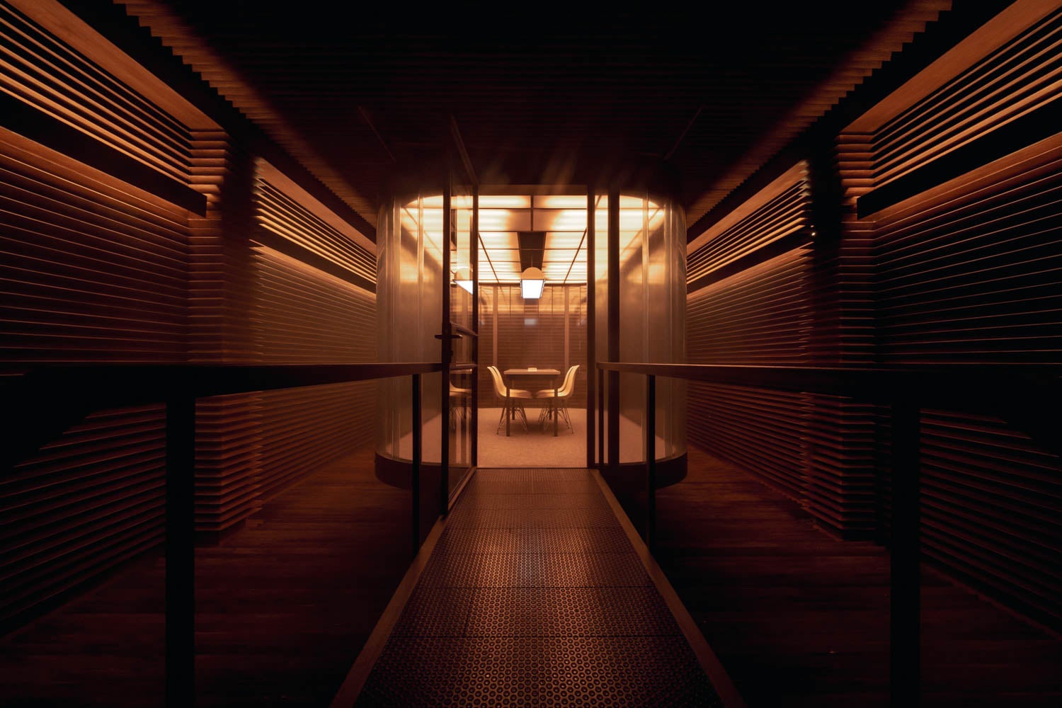 Dimly lit corridor leads to a softly glowing conference room