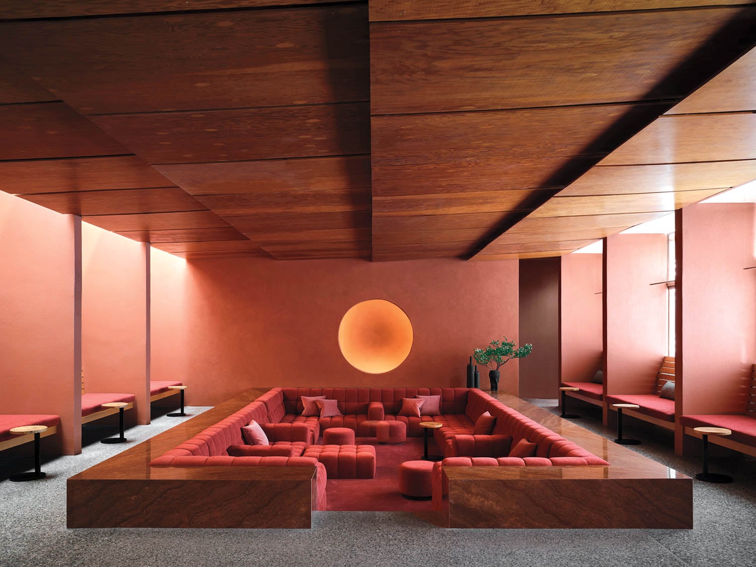 view of spa lounge in red with red couches